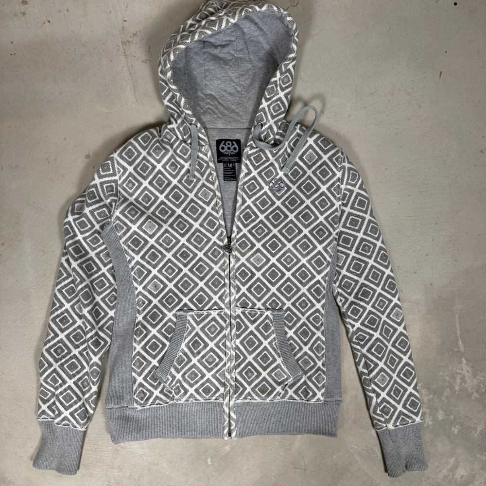 686 Womens Grey White Geometric Diamond Print‎ Full Zip Hoodie Sweatshirt Medium